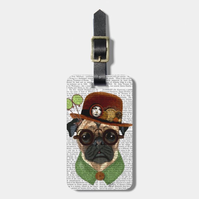 Pug with Steampunk Bowler Hat Luggage Tag (Front Vertical)