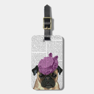 Pug with Vintage Purple Hat Luggage Tag