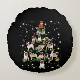 Pugdog Christmas Tree Covered By Flashlight Round Pillow