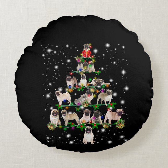 Pugdog Christmas Tree Covered By Flashlight Round Pillow (Front)