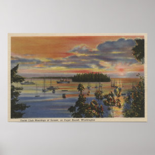 Puget Sound, WA - Yacht Club Moorings at Sunset Poster