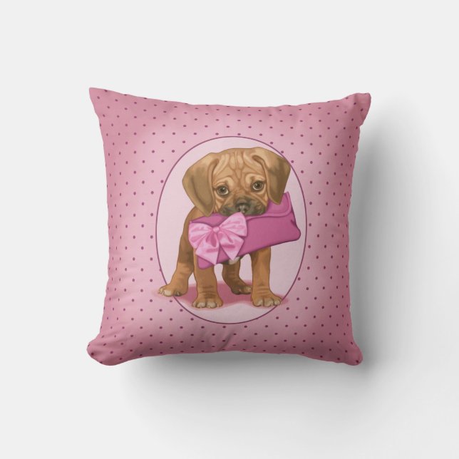 Puggle Puppy and Clutch Throw Pillow (Front)