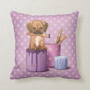 Puggle puppy in painting pot throw pillow
