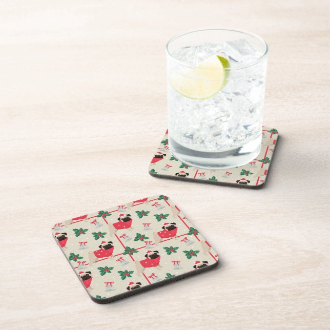 Puggy Christmas Cork-Backed Coasters (Right Side)