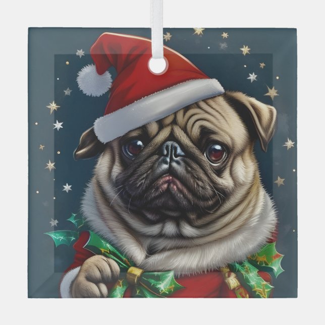Puggy Claus Collection Glass Ornament (Front)