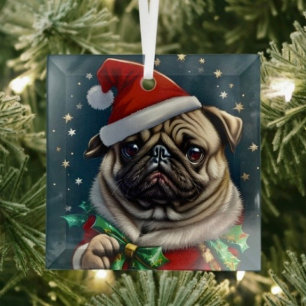Puggy Claus Collection Glass Ornament
