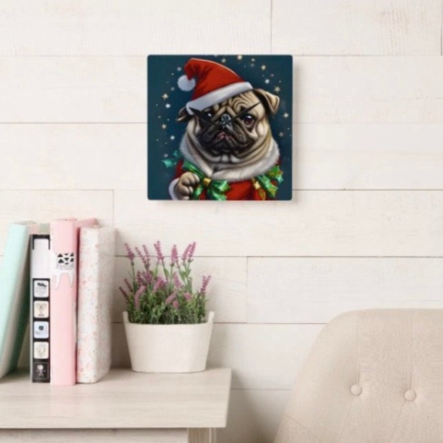 Puggy Claus Collection Square Wall Clock (Wall Clock backside hanging slot  non-ticking design. 2 sizes: 8" diameter or 10.75" diameter.)