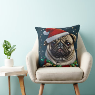 Puggy Claus Collection Throw Pillow