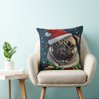 Puggy Claus Collection Throw Pillow