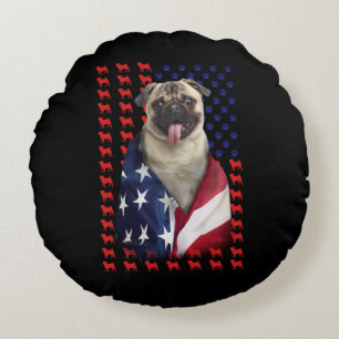 Puggy USA American Flag Round Pillow