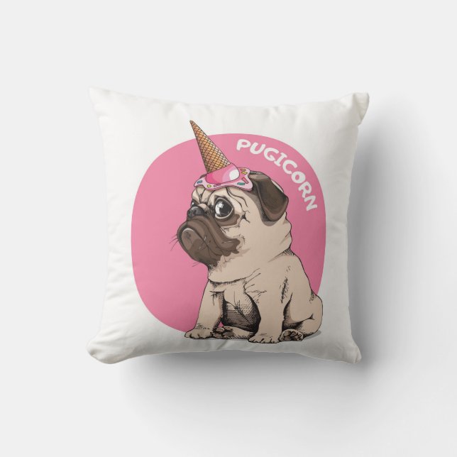 Pugicorn Throw Pillow (Front)
