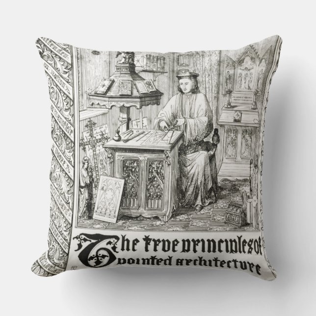 Pugin at work, frontispiece from 'True Principles Throw Pillow (Front)