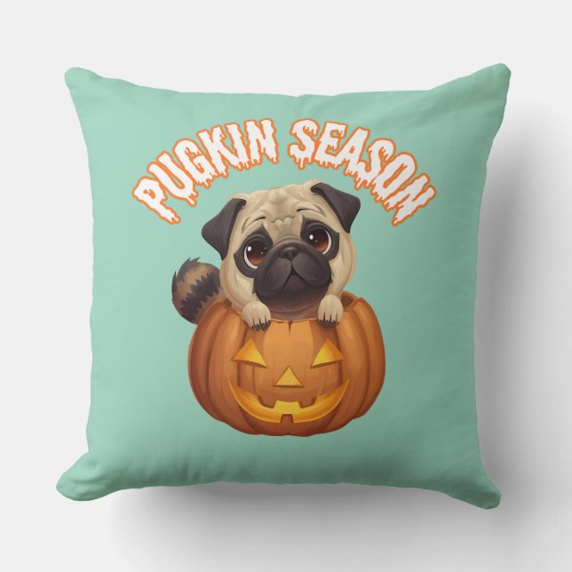 Pugkin Season Cute Halloween Pug Throw Pillow (Front)