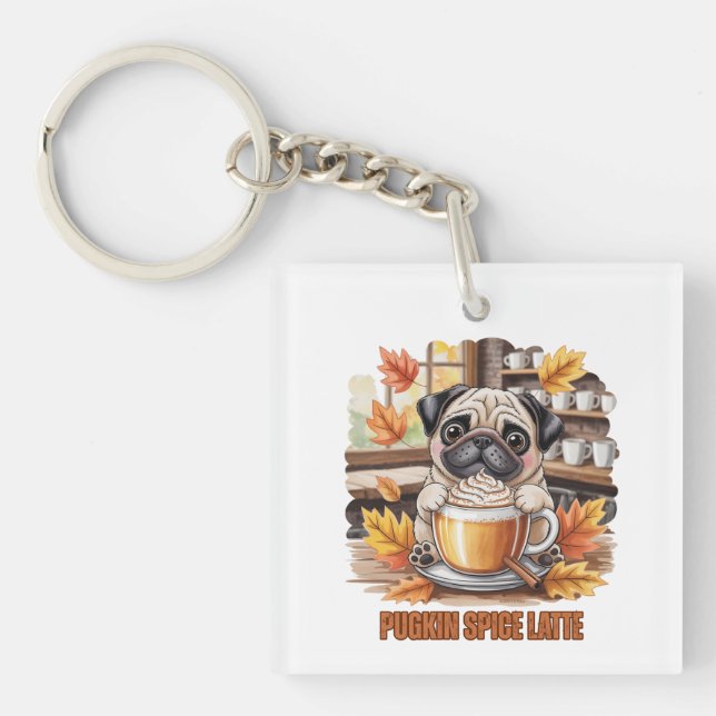 Pugkin Spice Latte – Cute Autumn Pug Coffee Design Keychain (Front)