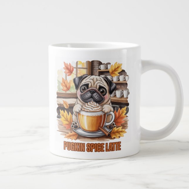 Pugkin Spice Latte – Cute Autumn Pug Coffee Design Large Coffee Mug (Right)