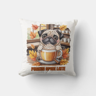 Pugkin Spice Latte – Cute Autumn Pug Coffee Design Throw Pillow