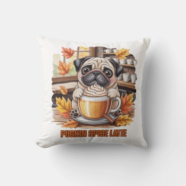 Pugkin Spice Latte – Cute Autumn Pug Coffee Design Throw Pillow (Front)