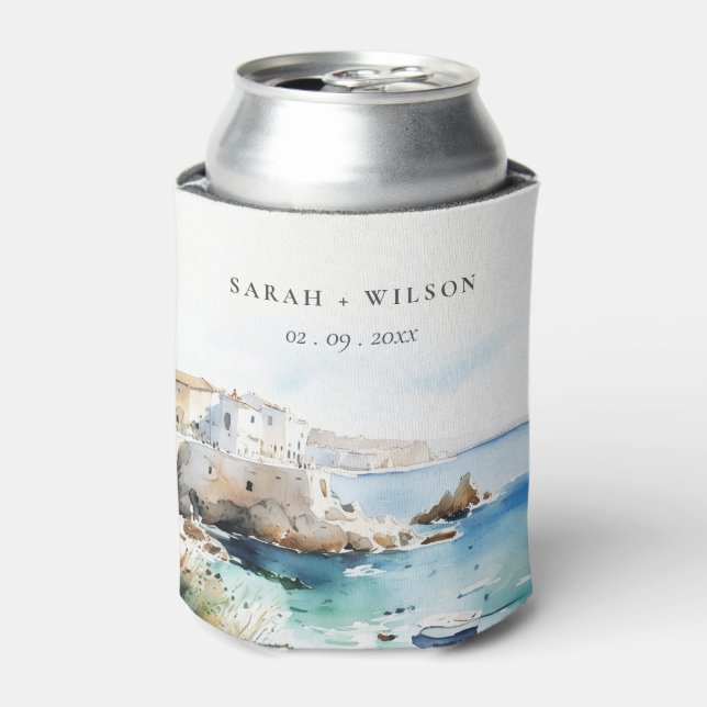 Puglia, Italy Watercolor Landscape Wedding Can Cooler (Can Front)