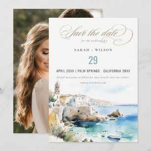 Puglia, Italy Watercolor Landscape Wedding Photo Save The Date