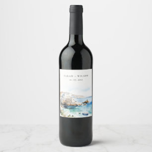 Puglia, Italy Watercolor Landscape Wedding Wine Label