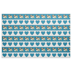 Pugs and Hearts - Blue Fabric