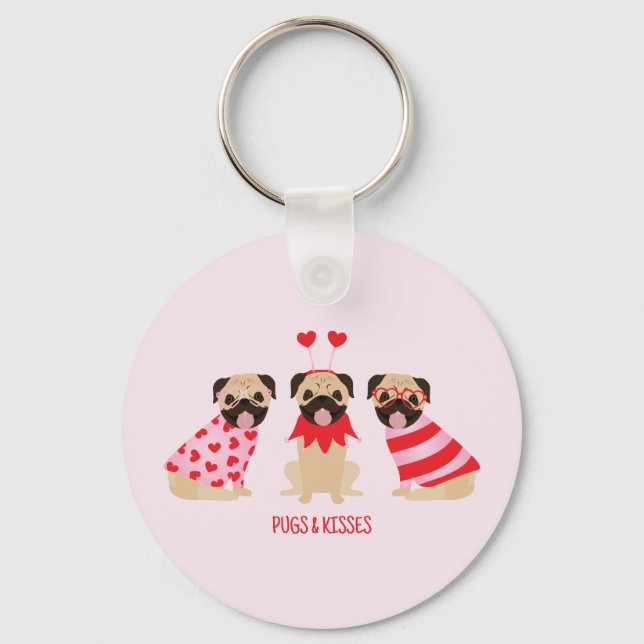 Pugs And Kisses Cute Pug Dogs Keychain (Front)