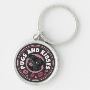 Pugs And Kisses   Cute Pun   Pug Lovers Keychain