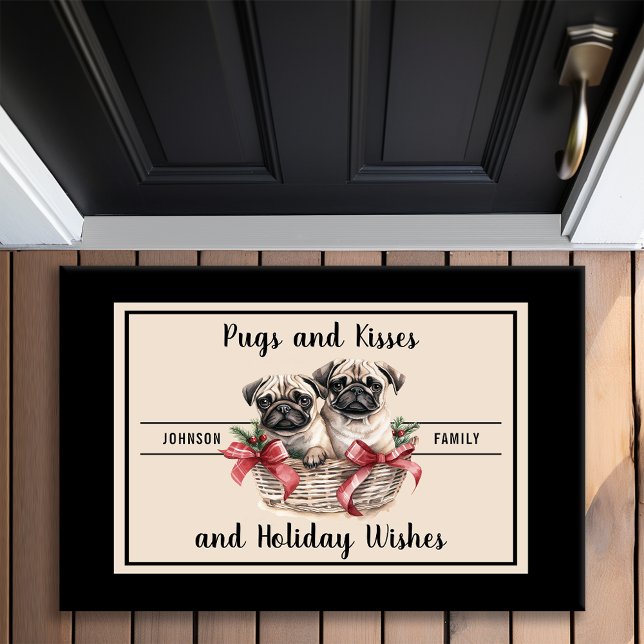 Pugs and Kisses Holiday Wishes Dog Lover Monogram Doormat (Creator Uploaded)