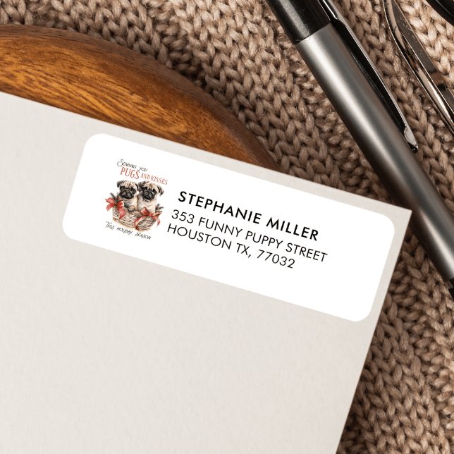 PUGS AND KISSES PUPPY THEMED CHRISTMAS  ( Christmas Pug-Themed Return Address Label)