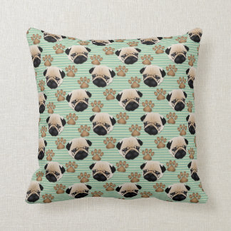 Pugs and Paws on Green Stripes Throw Pillow