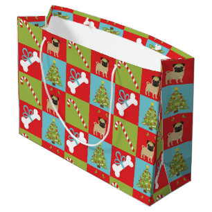 Pugs, Candy Canes, Bones, Trees Large Gift Bag