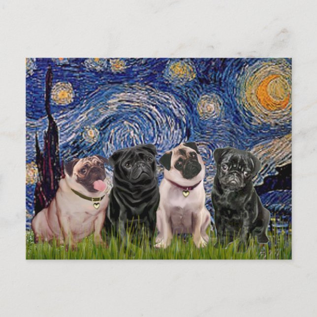 Pugs (Four,2B,2F) - Starry Night Postcard (Front)