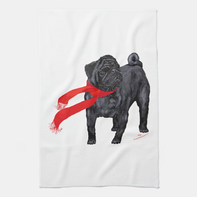 Pugs in Red Scarf Kitchen Towel (Vertical)