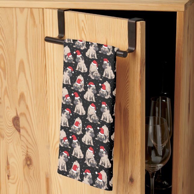 Pugs in Santa Hats Christmas Pattern Kitchen Towel (Thirds Fold)