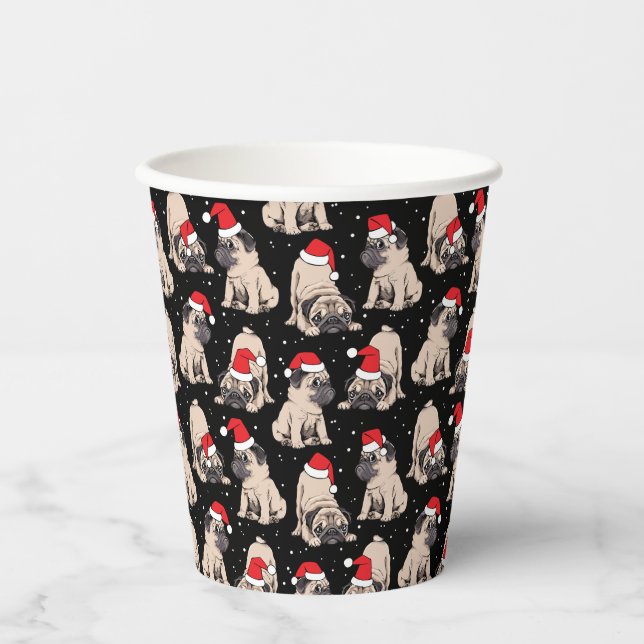 Pugs in Santa Hats Christmas Pattern Paper Cups (Front)