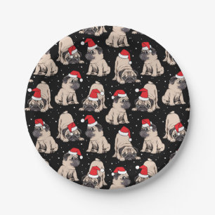 Pugs in Santa Hats Christmas Pattern Paper Plate