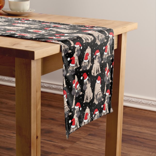 Pugs in Santa Hats Christmas Pattern Short Table Runner (In Situ)
