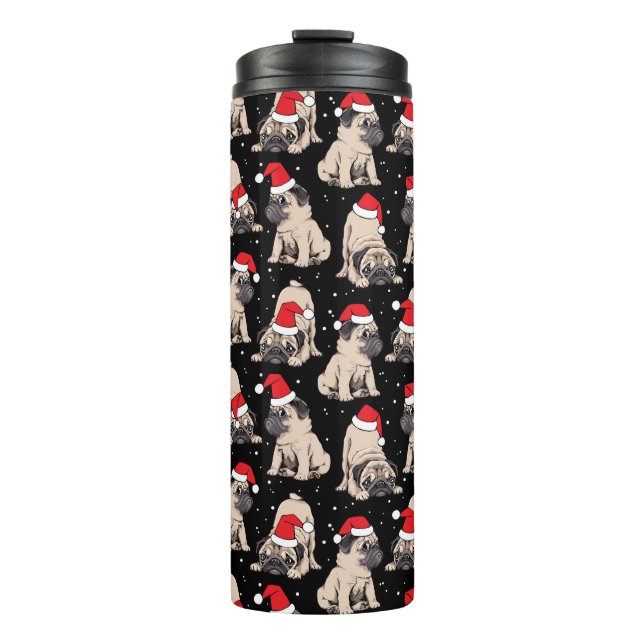Pugs in Santa Hats Christmas Pattern Thermal Tumbler (Front)