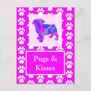 Pugs & Kisses Silhouette in Cute Pink & Blue Postcard