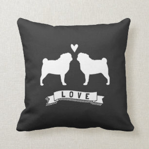 Pugs Love - Dog Silhouettes with Heart Throw Pillow
