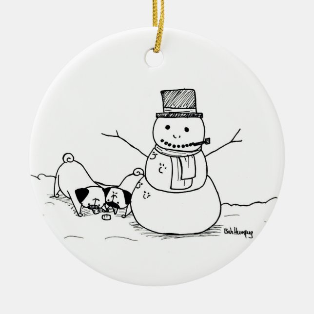 Pugs Love Snowmen Ceramic Ornament (Front)