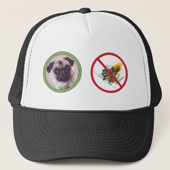 Pugs not drugs baseball hat.png trucker hat (Front)