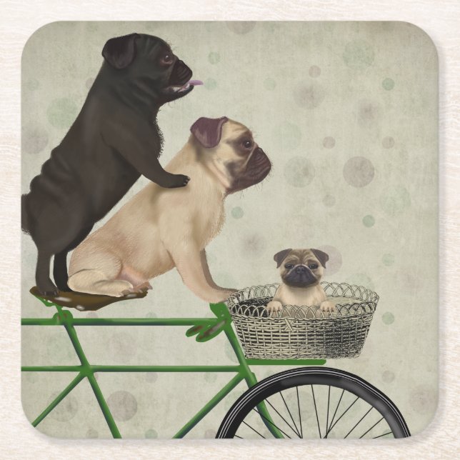 Pugs on Bicycle Square Paper Coaster (Front)