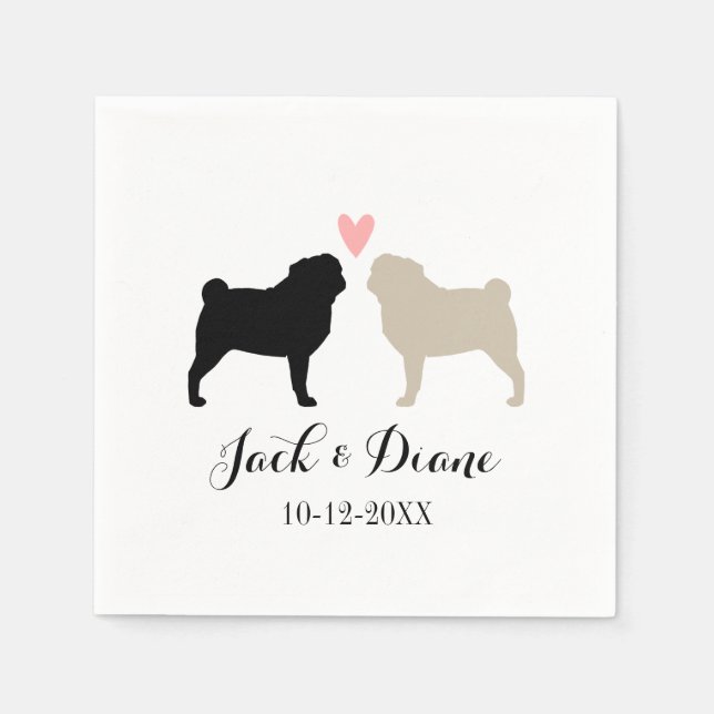 Pugs Wedding Couple with Custom Text Paper Napkins (Front)