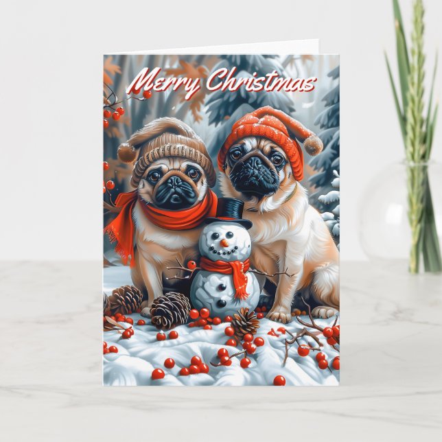 Pugs with Snowman Christmas Card (Front)