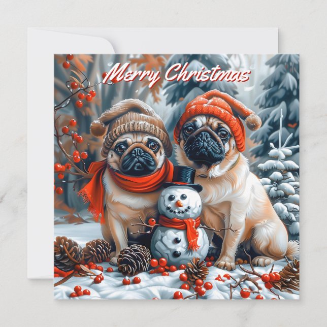 Pugs with Snowman Pack of Flat Christmas Card (Front)