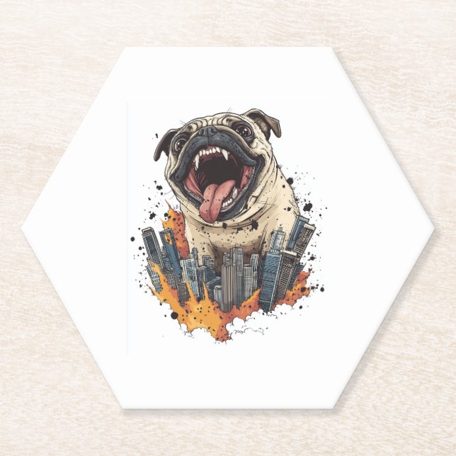 Pugzilla Attacks � Funny Monster Dog Paper Coaster (Front)