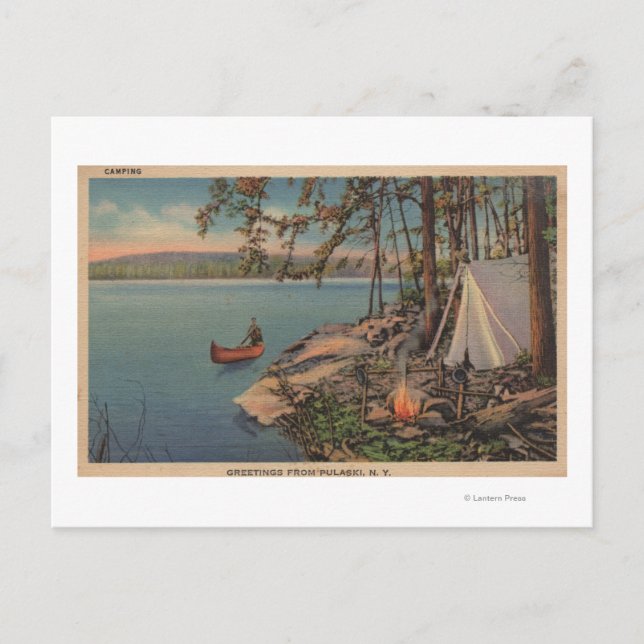 Pulaski, NY View of Canoe, Camping, Tent, Lake Postcard (Front)