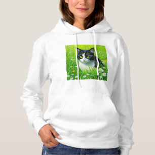 Pull À Capuche Adorable Chat assis dans un champ de marguerites