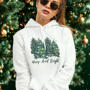 Pull À Capuche Aquarelle Joyeux Moderne Et Arbre De Noël Lumineux